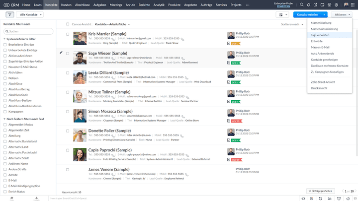 Kontaktdaten sind in praktischen Listen oder detailreichen Canvas verfügbar