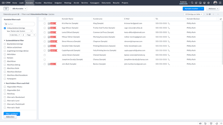 Die verfügbaren Filteranwendungen erleichtern die Suche nach Leads und Kontakten