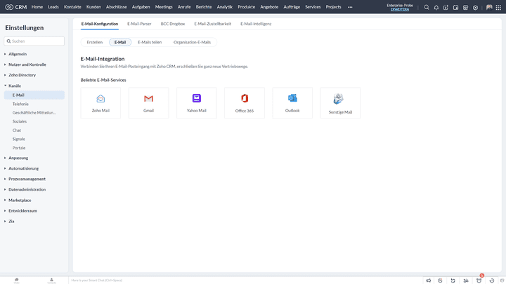 Eine Auswahl der in Zoho CRM integrierbaren E-Mail-Clients