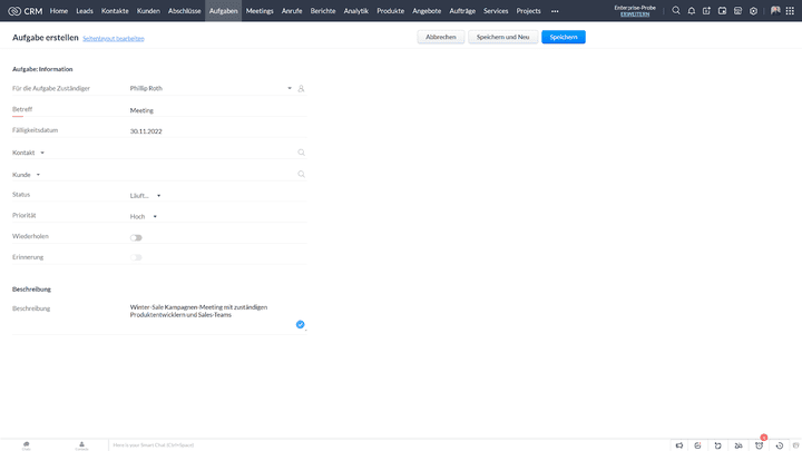 Aufgaben und Aktivitäten planen und erstellen Sie direkt in Zoho CRM