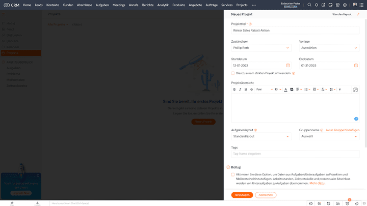 Neue Projekte und alle dazugehörigen Aktivitäten planen Sie in einem eigenen Modul