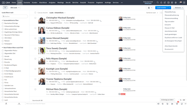 Auch in der Leadverwaltung stehen Ihnen wieder verschiedene Massenaktionen zur Verfügung