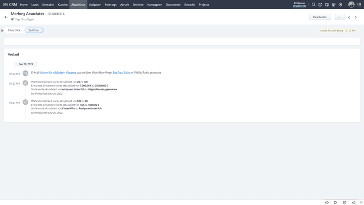 Mit einem Klick rufen Sie die Deal-Details in einer Zeitschiene auf und erhalten so wertvolle Informationen