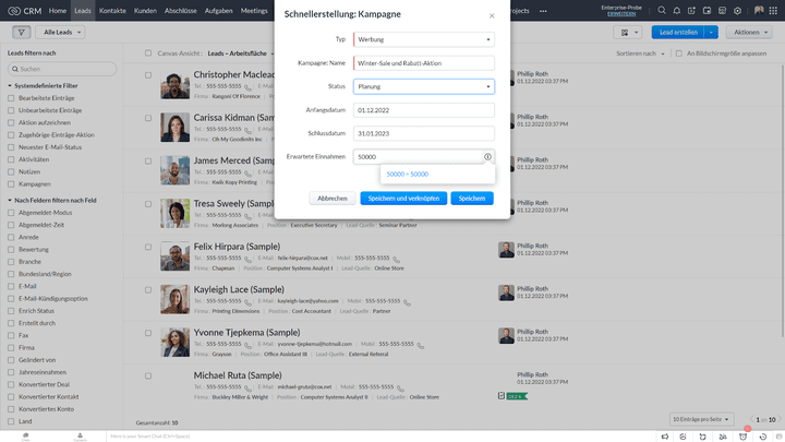 Die Kampagnenerstellung funktioniert auch ohne die Erweiterung Zoho Campaigns