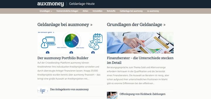 Im eigenen Magazin Geldanlage-Heute informiert auxmoney ausführlich über alle Themen rund um Geldanlagen und Co.