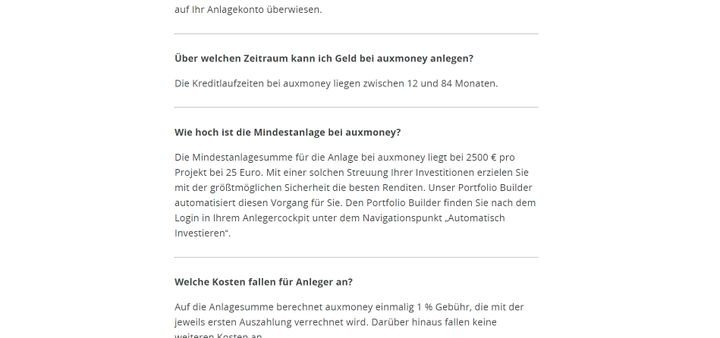 Der FAQ-Bereich von auxmoney ist sehr ausführlich und bietet auf viele Fragen die passende Antwort