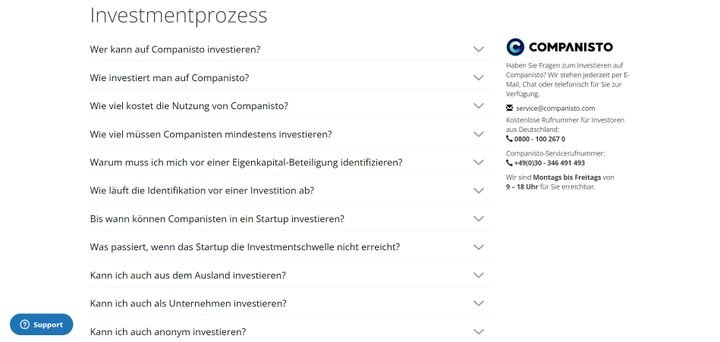 Companisto bietet sowohl ausführlichen Online-Support, als auch persönlichen Service per E-Mail oder Hotline