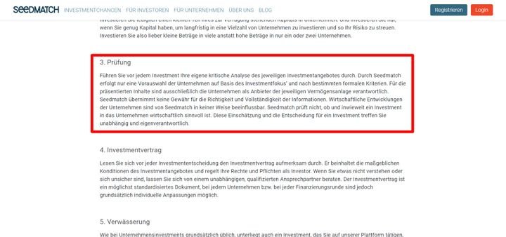 Seedmatch nimmt keine eigene Überprüfung der Wirtschaftlichkeit oder des Risikos eines Investments vor