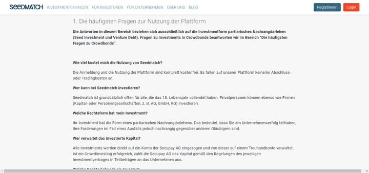 Die FAQ von Seedmatch fallen sehr umfangreich aus und beantworten die meisten wichtigen Fragen