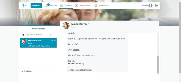 Im integrierten Messenger erhältst du nicht nur Nachrichten vom Support-Team von 50plus Singlebörse, sondern später auch Nachrichten interessierter Singles