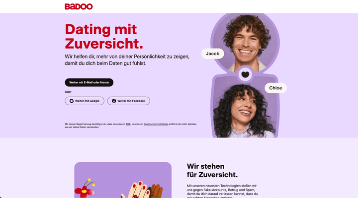 Am Design erkennst du schon, dass sich Badoo ganz klar an eine jüngere, dynamische Zielgruppe richtet, die Wert auf Spontanität und unkomplizierte Kontakte legt. Farben, Bilder und Sprache sind darauf abgestimmt.