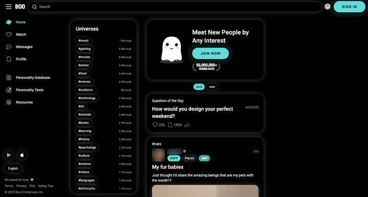 Allein die Startseite spiegelt schon den Social-Media- und Community-Charakter von Boo wider. Und der Geist… ist der nicht süß?