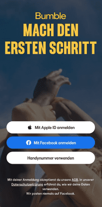 Schon beim Anmeldescreen stellt Bumble das eigene Alleinstellungsmerkmal “Mach den ersten Schritt”prominent zur Schau. Im Test erfährst du, ob es auch funktioniert.
