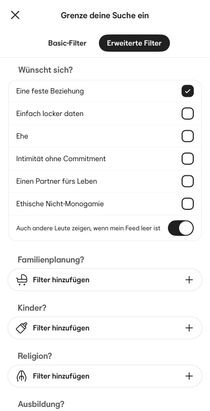 Die App bietet viele Filtereinstellungen für eine gezielte Suche. Während die Basic-Filter für alle zugänglich sind, bekommst du die erweiterten Filter nur mit einem kostenpflichtigen Abo.