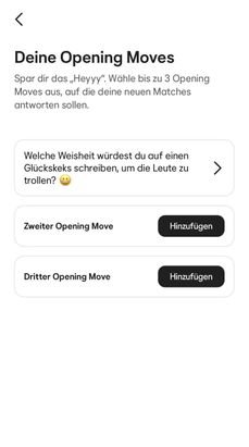 Besonders charmant fand ich die “Opening Moves”, eine Art Eisbrecher, mit denen du in einen Chat einsteigen kannst. Je nach Kreativität kannst du dir lustige Fragen ausdenken und so schauen, ob der Vibe mit der anderen Person passt!