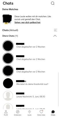 Bei Bumble bekommen Frauen 24 Stunden Zeit zum Antworten, sobald ein Match zustande gekommen ist. An sich eine tolle Idee, um Ghosting oder ewige Antwortzeiten zu reduzieren. Die Praxis sieht leider so aus: In zwölf von 20 Matches ist bei mir der Timer abgelaufen und somit das Match verfallen.