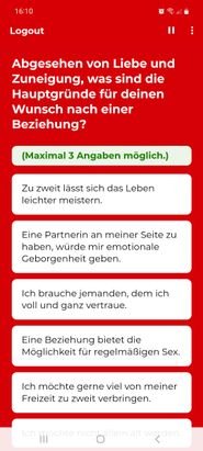 Eine der ersten Fragen im Persönlichkeitstest von Parship ist, was du dir von einer Beziehung erhoffst