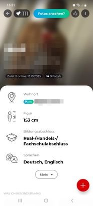 Mit diesem Mitglied habe ich einen besonders hohen Matching-Score von 111 – und das, obwohl sie gerne campen geht, was ich auf den Tod nicht leiden kann!