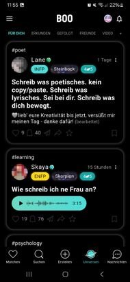 Dating und Social Media in einem. Boo hat eine Pinnwand mit an Bord, die an X oder Reddit erinnert.