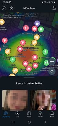 Auf der Umgebungskarte siehst du, wo sich gerade sehr viele Lovoo-User herumtreiben – und außerdem ein paar gute Orte für ein Date