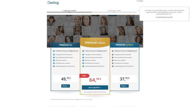 Als Premium-Partnervermittlung hat eDarling gehobene Preise, punktet dafür aber mit einem monatlich kündbaren Angebot. Und zum Testzeitpunkt gab es sogar einen Rabatt auf dieses.
