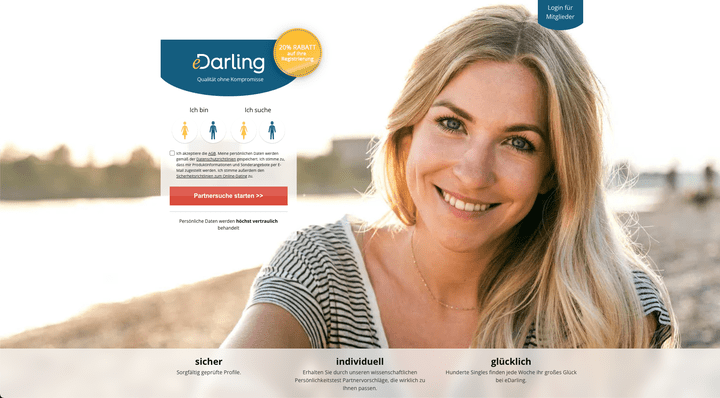 eDarling ist eine Plattform, um die große Liebe zu finden. Wenn du dich anmeldest, machst du einen ausführlichen Persönlichkeitstest. Und danach findest du hoffentlich Singles, die wirklich passen.