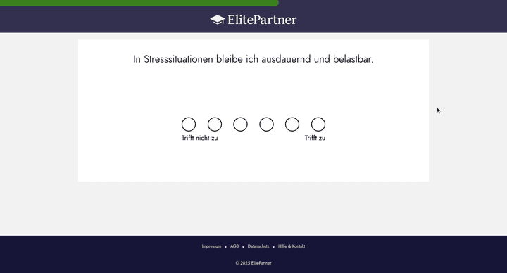 Eines der Aushängeschilder von ElitePartner - der wissenschaftliche Persönlichkeitstest. Überspringen kannst du ihn nicht. Aber keine Sorge,  er ist weitestgehend intuitiv gehalten und besteht beispielsweise aus Ankreuzaufgaben.