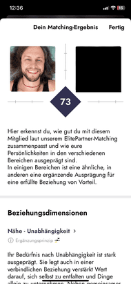 So sehen die Matching-Punkte grafisch aufgearbeitet aus. Sie sind eine erste Einschätzung der Kompatibilität. Sie zeigen auf einer Skala, wie gut deine grundsätzlichen Einstellungen zu denen deines Gegenübers passen.