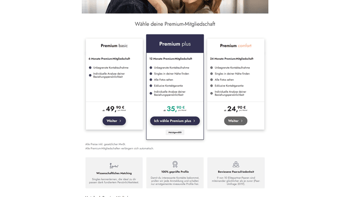 Die Preise der Premium-Mitgliedschaft einer Partnervermittlung wie ElitePartner sind gehoben