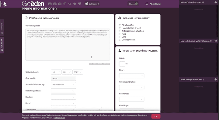Im Profil-Setup bei Gleeden kannst du von der Beziehungsart bis hin zu optischen Details alles genau festlegen, um diskret passende Kontakte zu finden. Die Benutzeroberfläche wirkt dabei sehr aufgeräumt und fokussiert.