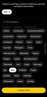 Hier definierst du ziemlich klar, worauf du stehst – von harmlos bis sehr spezifisch ist alles dabei. Das macht den Einstieg leicht, weil andere sofort sehen, ob ihr matcht.