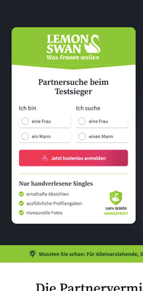 Noch vor dem Login wird deutlich, was bei LemonSwan im Fokus steht. Seriöses Dating, Sicherheit und Diskretion.