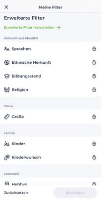 Mit Suchfiltern wie diesen kannst du deine Erfolgschancen im Matching präziser machen. Gerade die Entfernungseinstellung funktioniert auf LoveScout24 aber nicht immer zuverlässig. Und die erweiterten Filter gibt es erst im Abo!