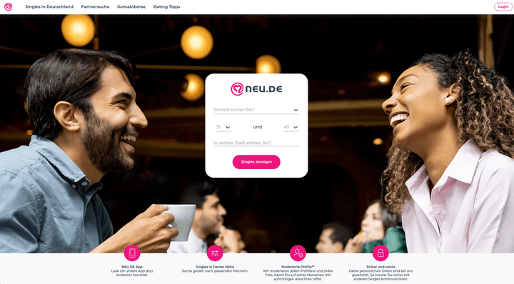NEU.DE ist eine seriöse Plattform für die Partnersuche, die sich durch ihre große gemeinsame Datenbank mit LoveScout24 und echte Veranstaltungen abhebt. Das Ziel ist es, langfristige Beziehungen zu vermitteln, nicht nur Online-Kontakte.