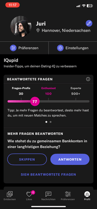 Das Fundament des Matchings auf OkCupid - die Fragen. Die App motiviert dich sogar dazu, noch mehr zu beantworten. Ist auch sinnvoll, denn je mehr Fragen du beantwortest, desto besser wird das Matching!