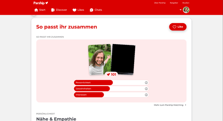 Die Matching-Punkte geben dir eine klare Orientierung, wie gut du und ein vorgeschlagenes Profil zusammenpasst. Die Skala reicht von 60 bis 140 Punkten. Parship empfiehlt, sich besonders auf Profile mit über 100 Punkten zu fokussieren. Dort sind die laut vielen Erfahrungen Chancen am höchsten, dass die Chemie stimmt.