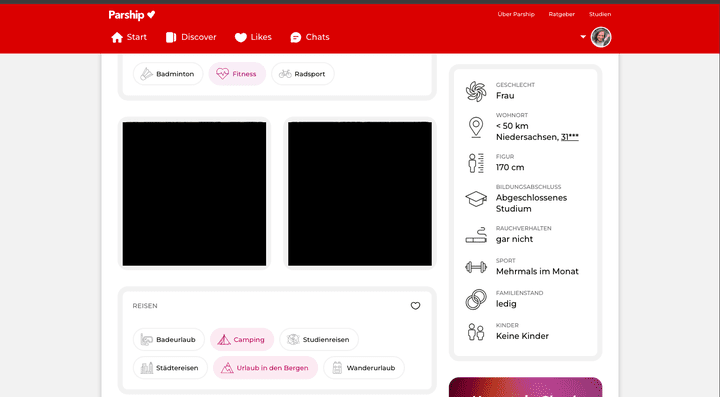 Alles da - Hardfacts, Fotos und ein paar Profilfragen. Das Design ist eher schlicht und funktional. Hier geht’s um Information, nicht um visuelle Effekte. Parship unterstützt dich aktiv beim Ausfüllen und verhindert sogar Copy & Paste beim Profiltext, was die Qualität der Profile sichert.