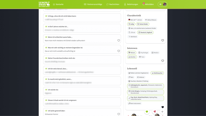 Bist du noch ganz neu auf LemonSwan, kannst du von den Profilen noch nicht allzu viel sehen. Dafür musst du deines erst komplett ausfüllen.