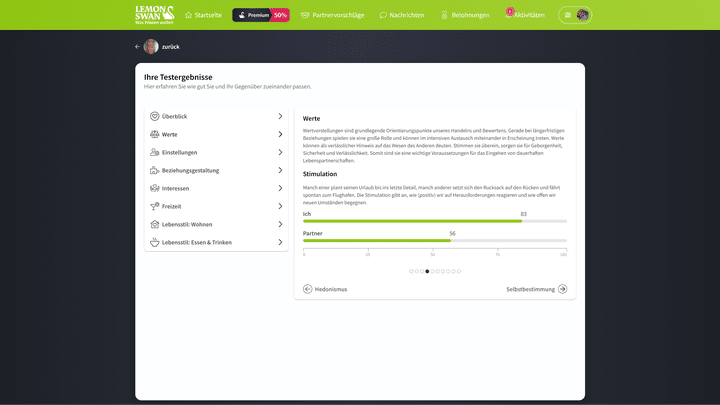 Hier werden für “Werte” und “Stimulation” Punktzahlen ausgegeben. Aber was sollen sie bedeuten? Ist “83” ein guter oder schlechter Wert? Und wie ist das in Relation zu den “56” zu sehen?