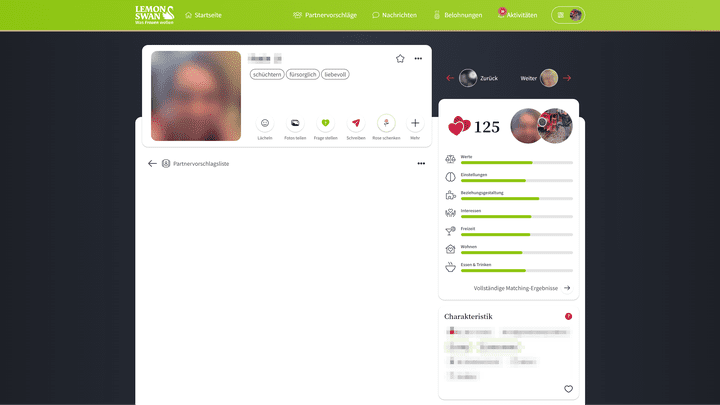 Ob ein hoher Matching-Score auch bedeutet, dass mir eine Person zusagt, kann ich leider nicht vernünftig beantworten, wenn das Profil so gut wie leer ist