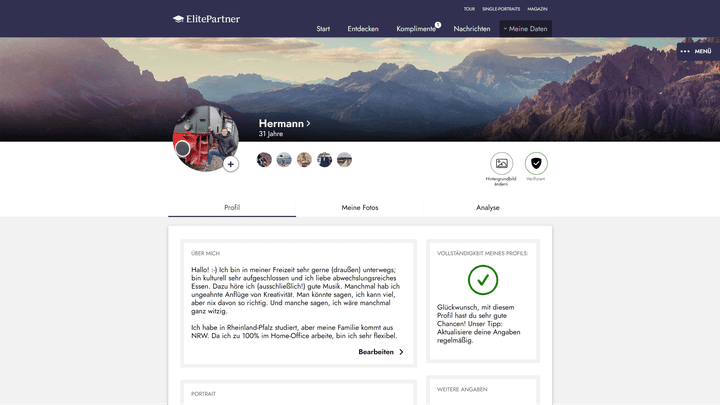 ElitePartner verwendet das gleiche Design wie Parship (mit anderen Farben); dies liegt daran, dass beide Partnervermittlungen zum selben Anbieter gehören