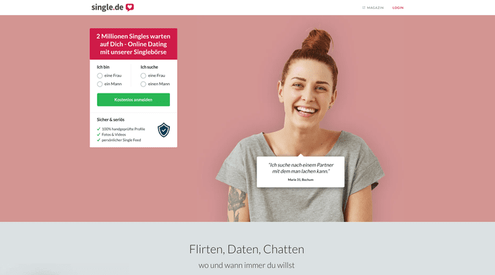 Hier bekommst du eine  moderne, aktive und spaßige Alternative zu den traditionellen Dating-Seiten. single.de zielt auf  jüngere oder zumindest Menschen ab, die sich mit sozialen Medien wohlfühlen.
