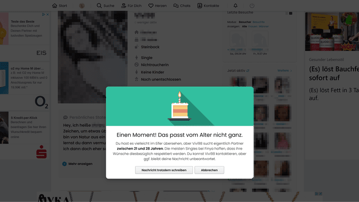 Erfüllst du die Suchkriterien eines Mitglieds nicht, wirst du darüber informiert, wenn du ihm trotzdem eine Nachricht schreiben möchtest