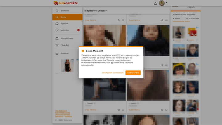 Profile mit einem großen Altersunterschied kannst du zwar anschreiben; du wirst aber davor gewarnt, dass die das evtl. nicht so toll finden
