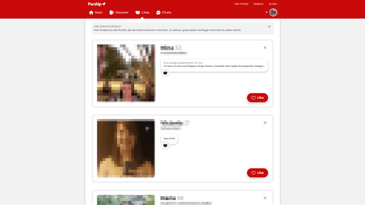 Bei Parship geht Kommunikation nur über Likes