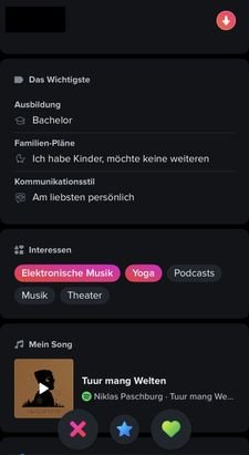 Wenn du ein User-Profil aufrufst, dann hast du das Wichtigste immer auf einen Blick. Die gemeinsamen Interessen sind farblich untermalt.
