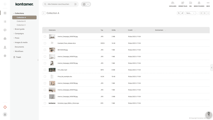 Die Listenansicht von Kontainer