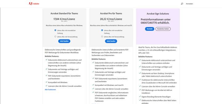 Ein Einblick in die Team-Tarife von Adobe Acrobat Sign