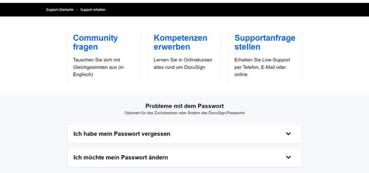 Persönlichen Support können Sie bei DocuSign per E-Mail, Telefon oder Live-Chat erhalten
