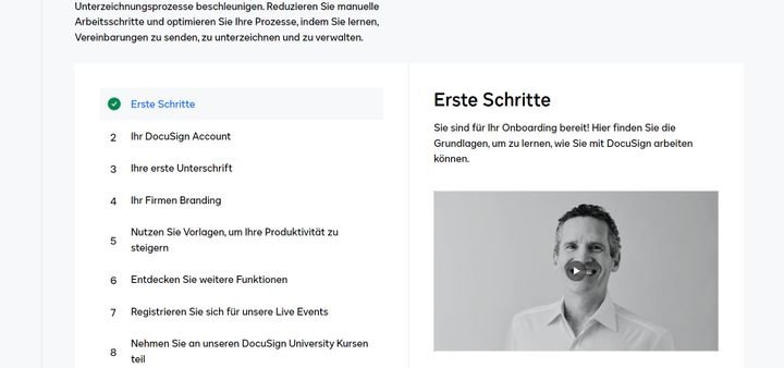 Mithilfe der interaktiven Einführung lernen Sie schnell alle nötigen ersten Schritte mit DocuSign
